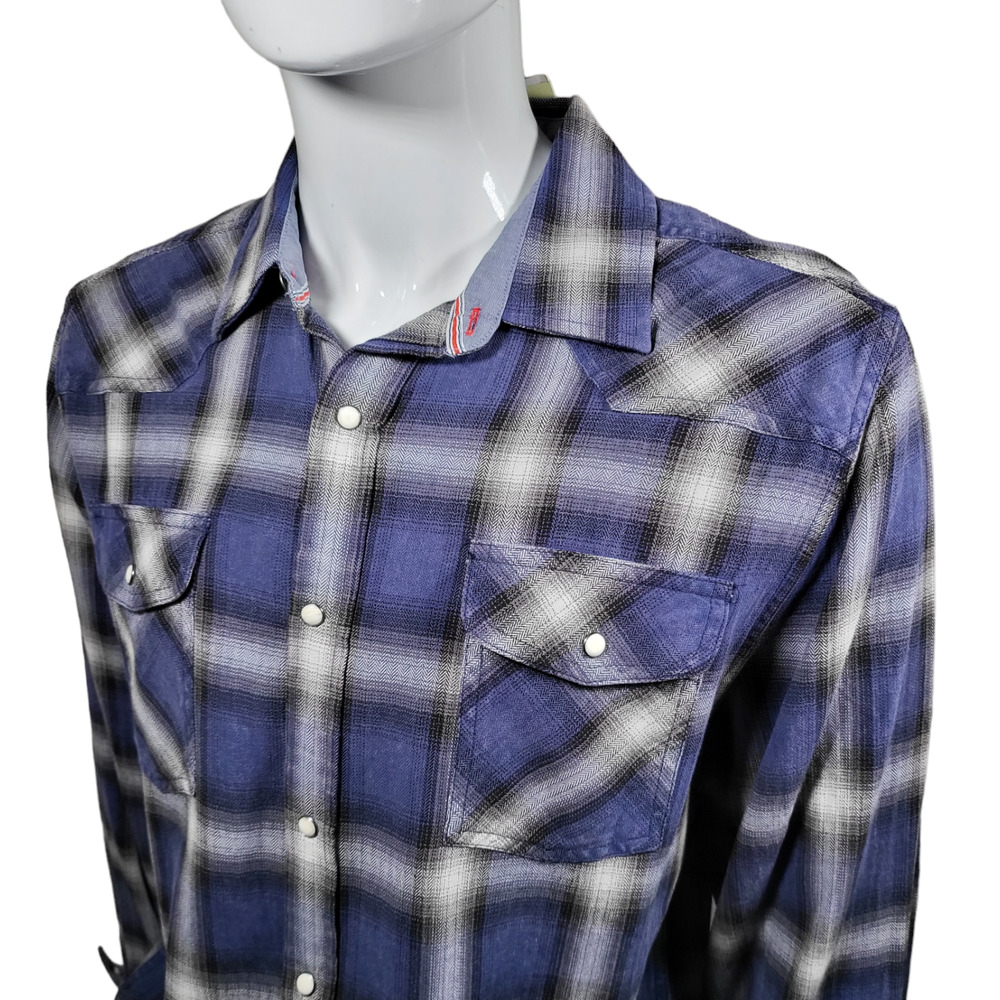 NWT FLAG & ANTHEM Indigo Dyed Pearl Snap Western Plaid Button Up 4XLT - Picture 7 of 12